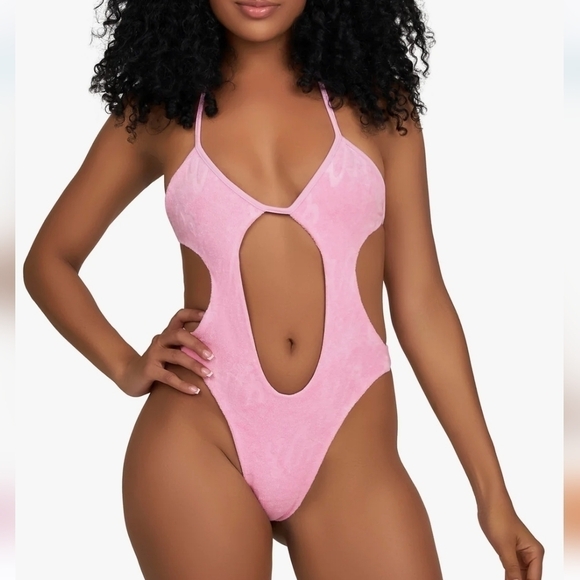 NEW Waydamin Monokini Pink Terry One Piece Bodysuit Swim Sz XL NWT $60 - Picture 1 of 11